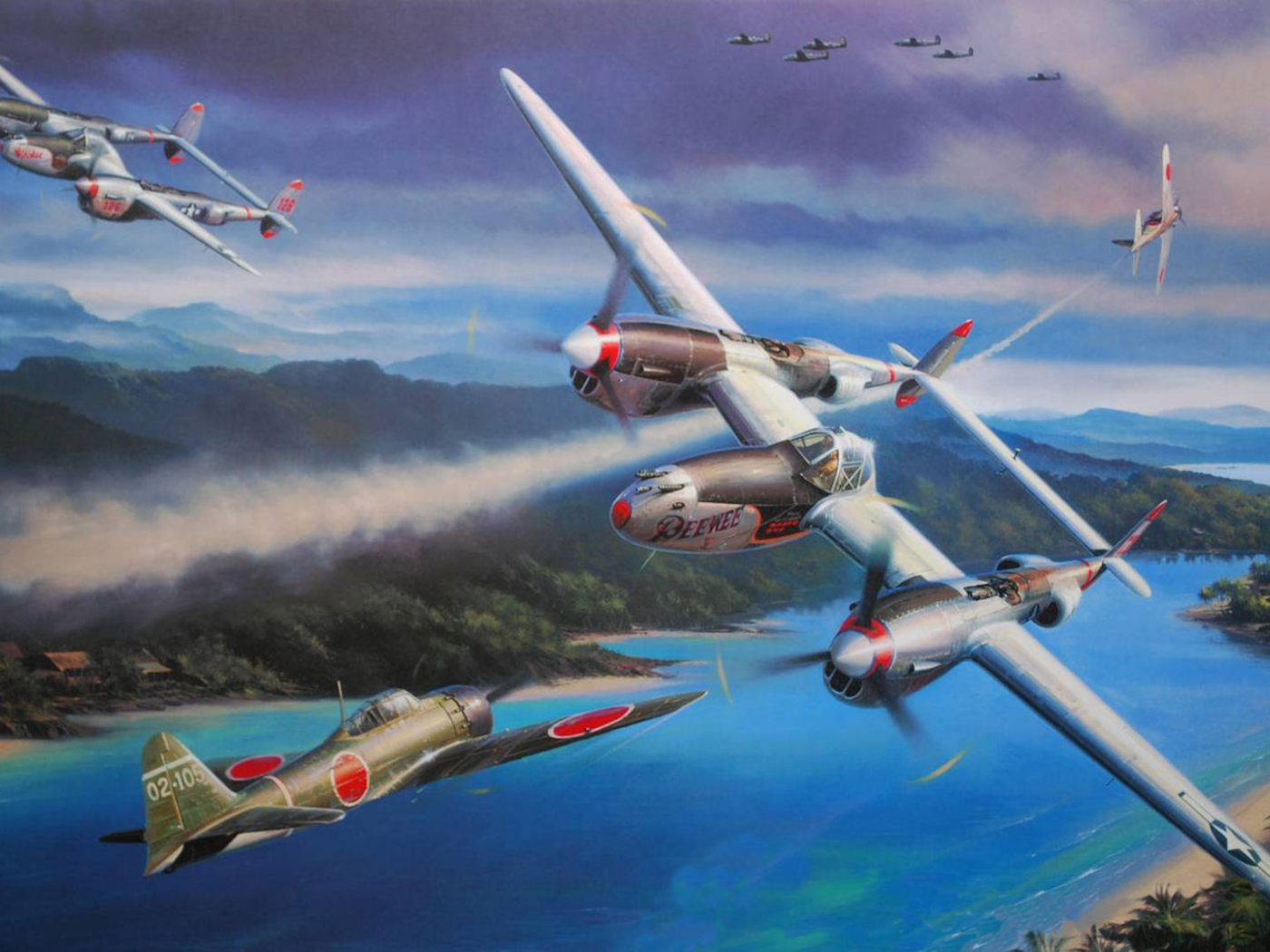 война, Lockheed p-38 lightning, океания, nicolas trudgia, рисунок