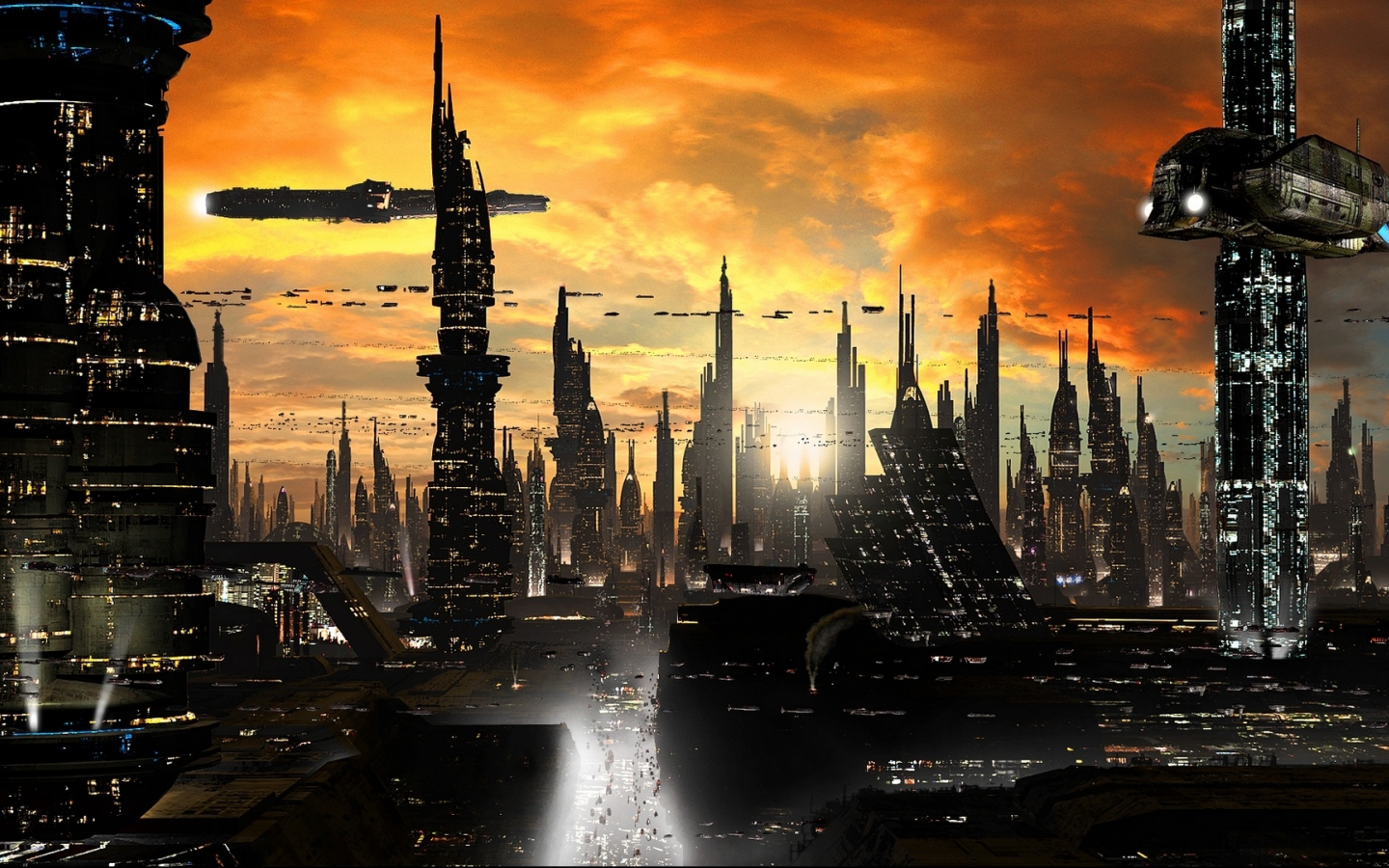 ships, sci-fi, Futuristic city 1, towers, cityscape, planet, rich35211, scott richard