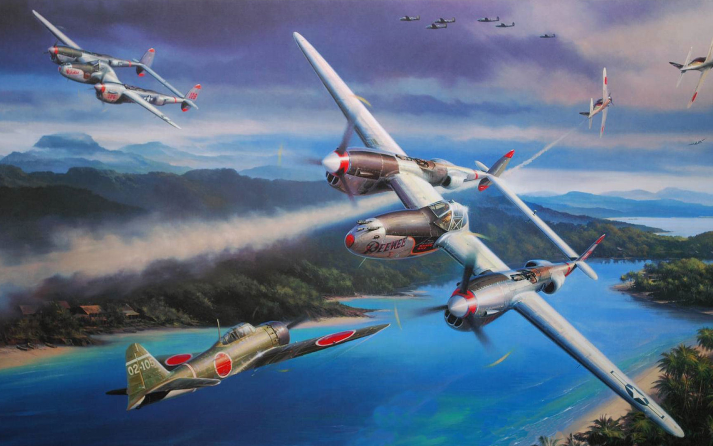 война, Lockheed p-38 lightning, океания, nicolas trudgia, рисунок