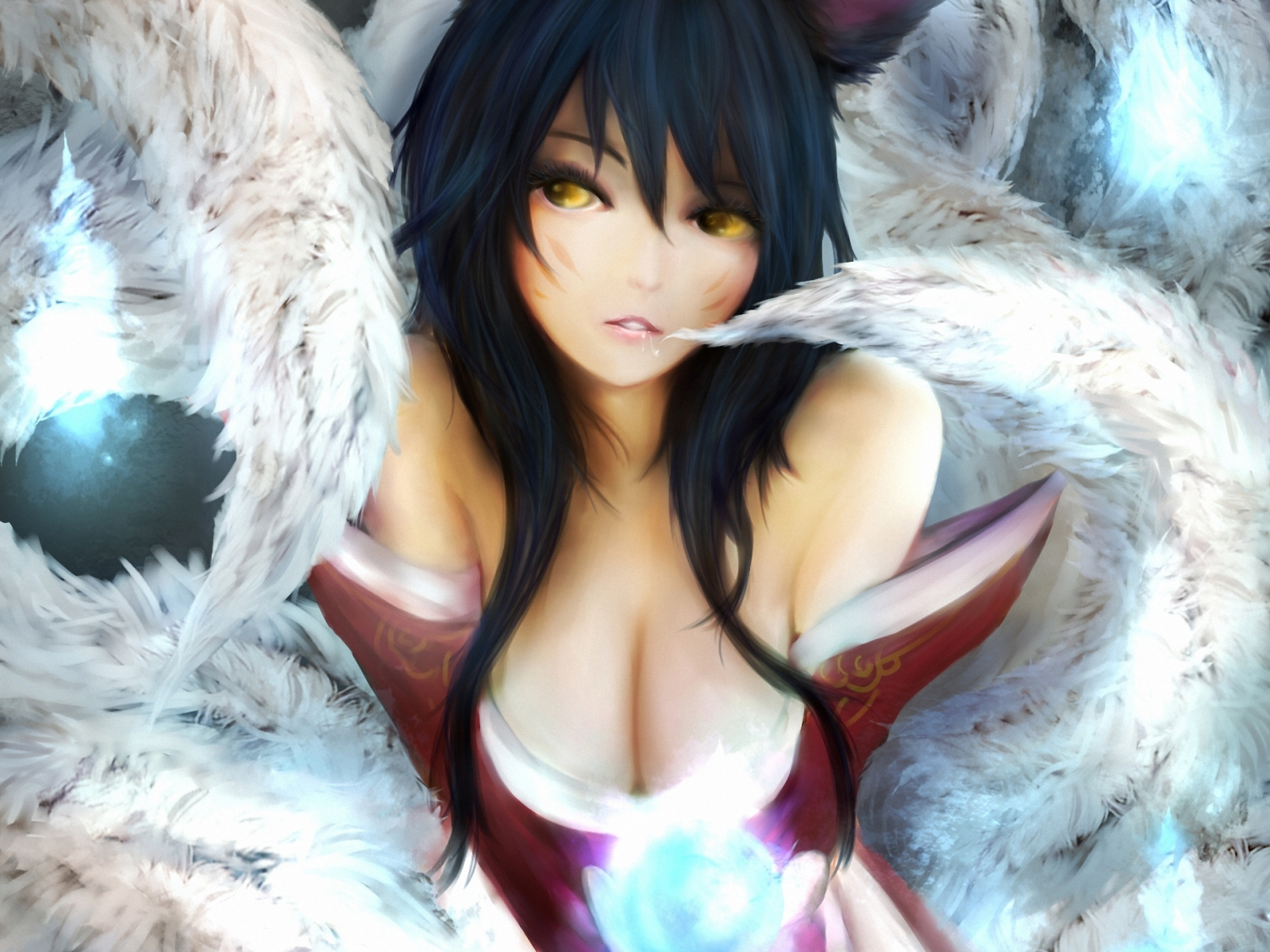 магия, девушка, Ahri, шар, league of legends, хвосты