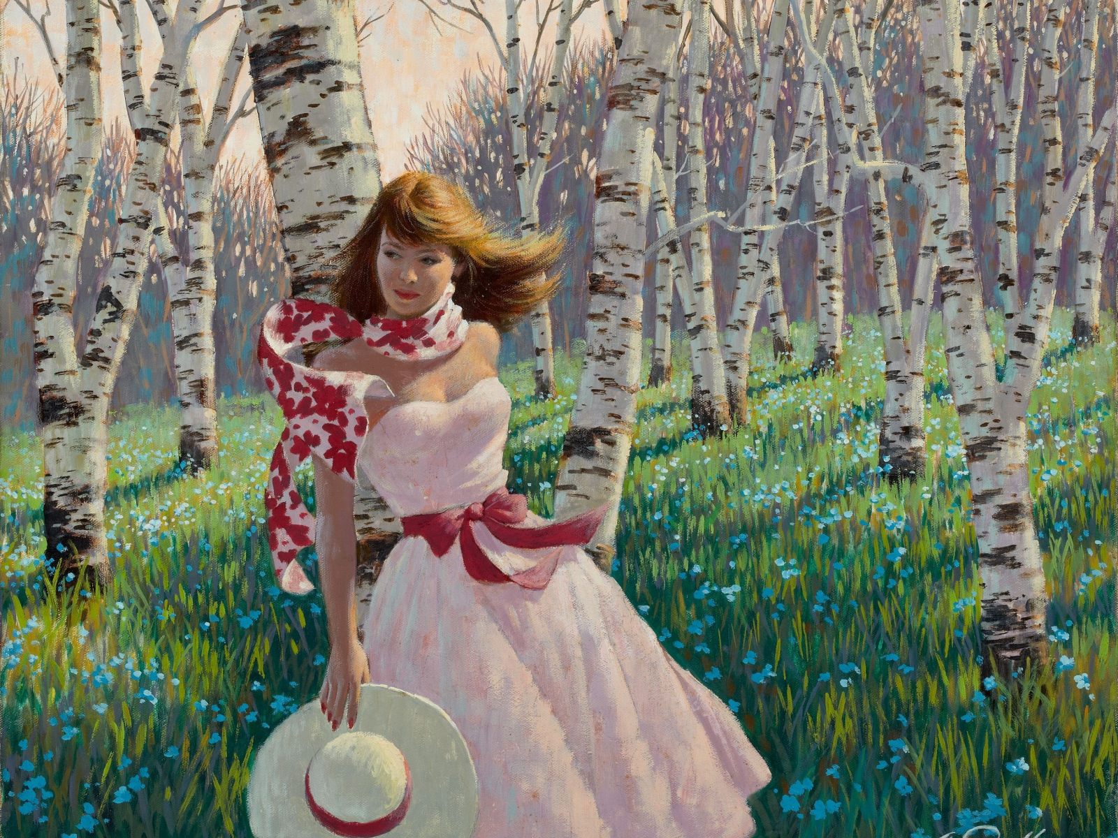 Arthur saron sarnoff, розовое платье, birch forest, живопись, девушка