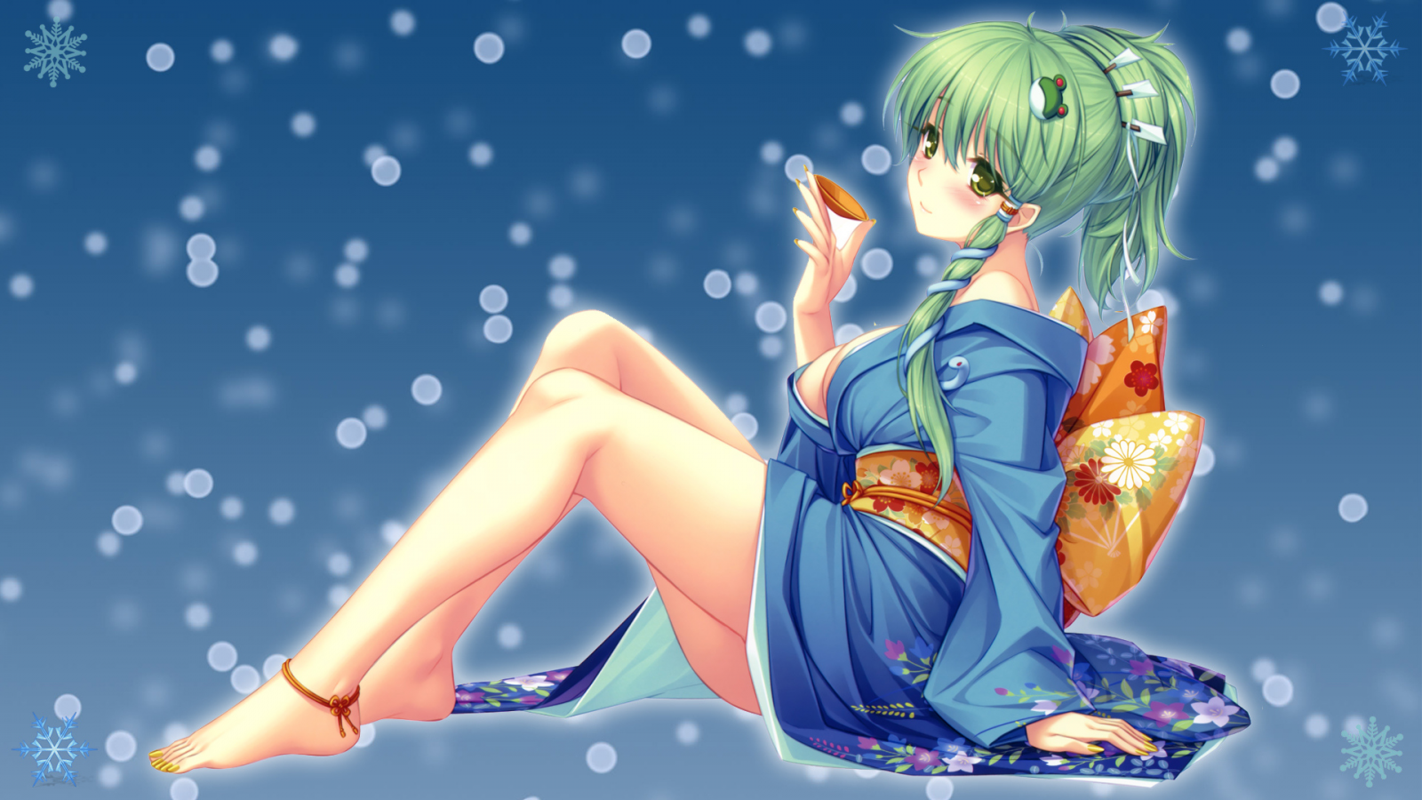 снежинки, фон, Touhou, девушка, kochiya sanae, пиала, сидя