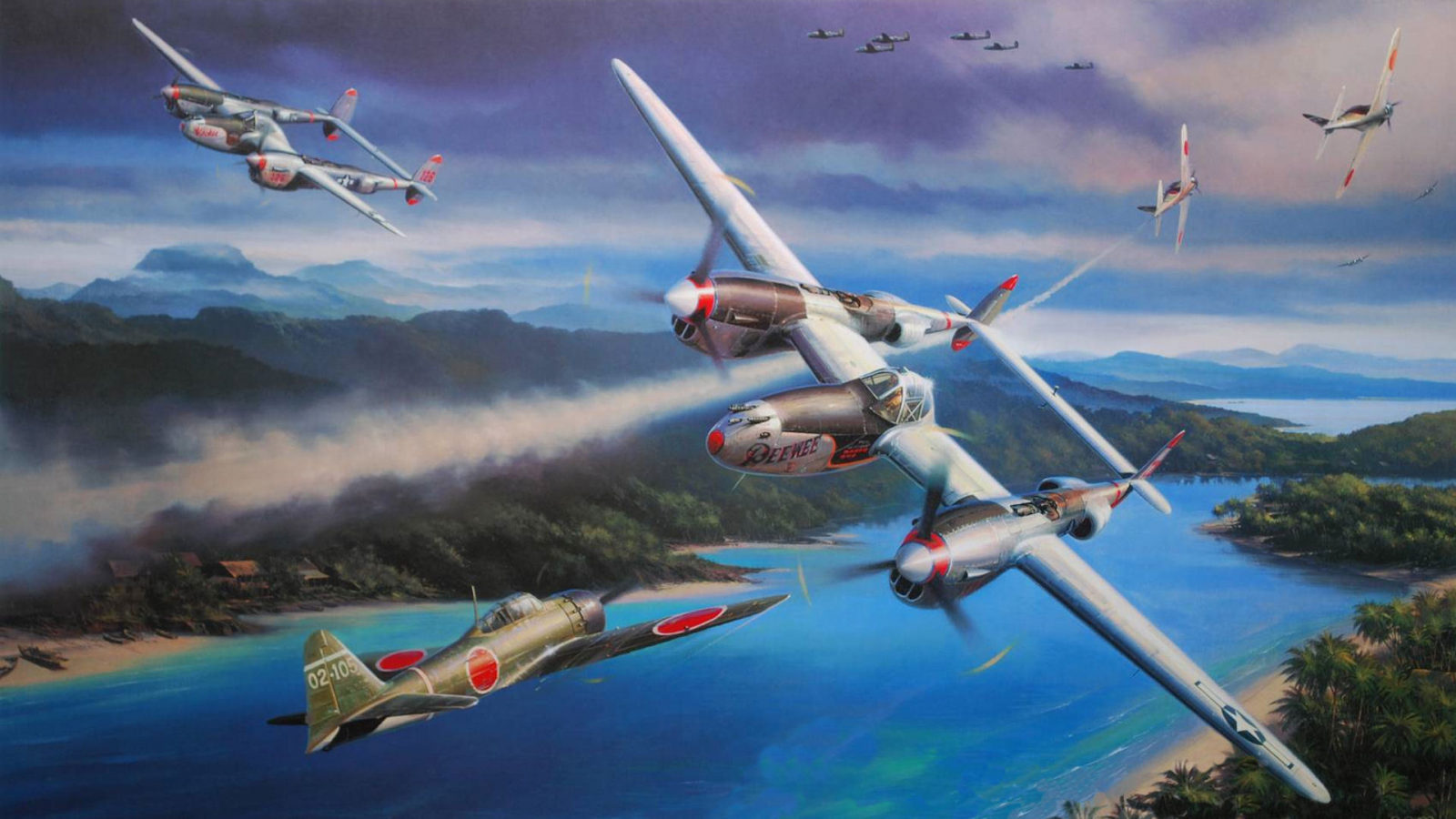 война, Lockheed p-38 lightning, океания, nicolas trudgia, рисунок