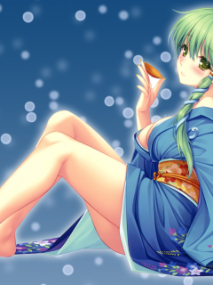 снежинки, фон, Touhou, девушка, kochiya sanae, пиала, сидя