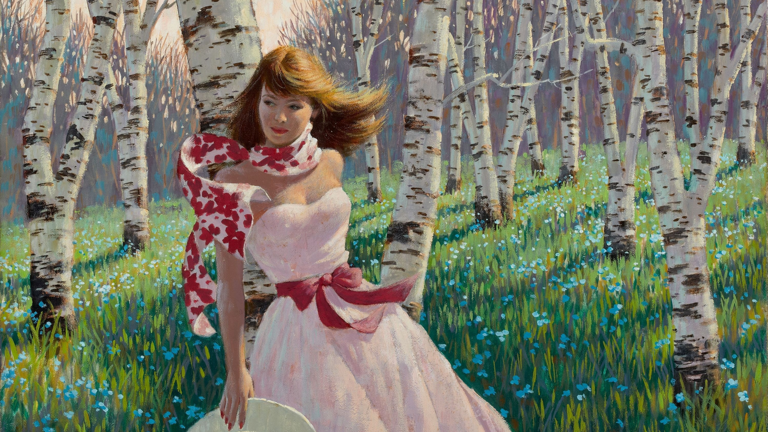 Arthur saron sarnoff, розовое платье, birch forest, живопись, девушка