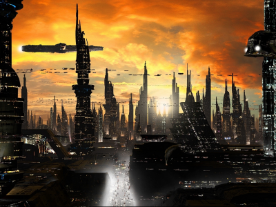 ships, sci-fi, Futuristic city 1, towers, cityscape, planet, rich35211, scott richard