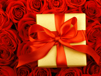 подарок, коробка, лента, капли, розы, Цветы