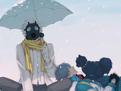 снег, зонт, aoba, парни, clear, шарф, Dramatical murder, противогаз