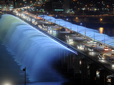 Rainbow fountain, seoul, фонтан, огни, ночь, южная корея, мост