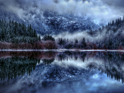 Природа, зима, озеро, туман, снег