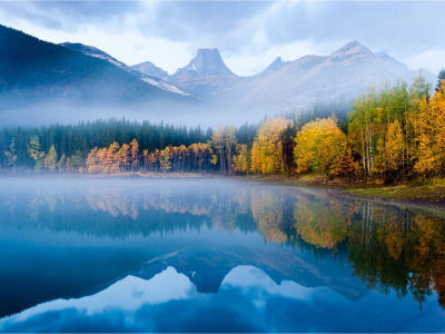 лес, Горное озеро, осень, гладь, отражение, вершины