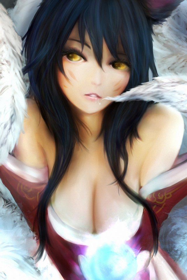 магия, девушка, Ahri, шар, league of legends, хвосты