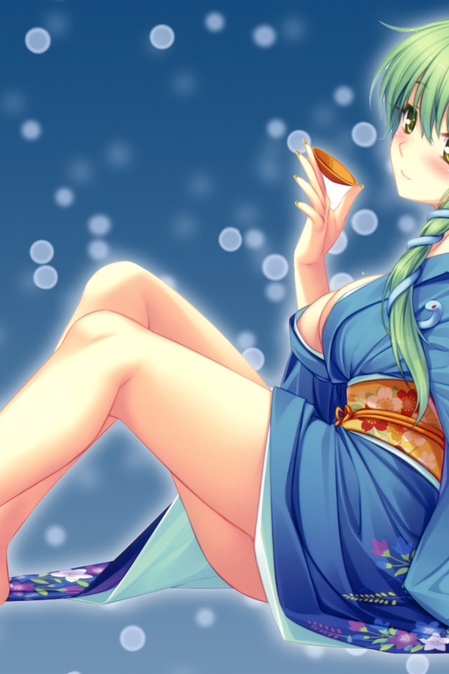 снежинки, фон, Touhou, девушка, kochiya sanae, пиала, сидя