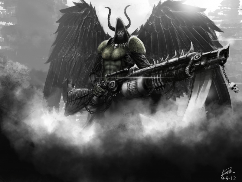 мужчина, angel of death, огнемет, крылья, оружие, Арт, капюшон