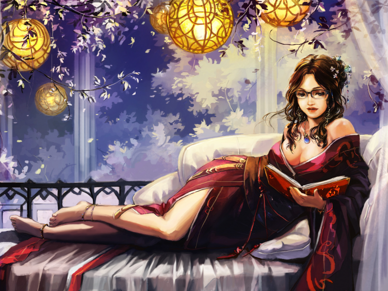 девушка, лежа, чтение, книга, кимоно, Арт, очки, диван