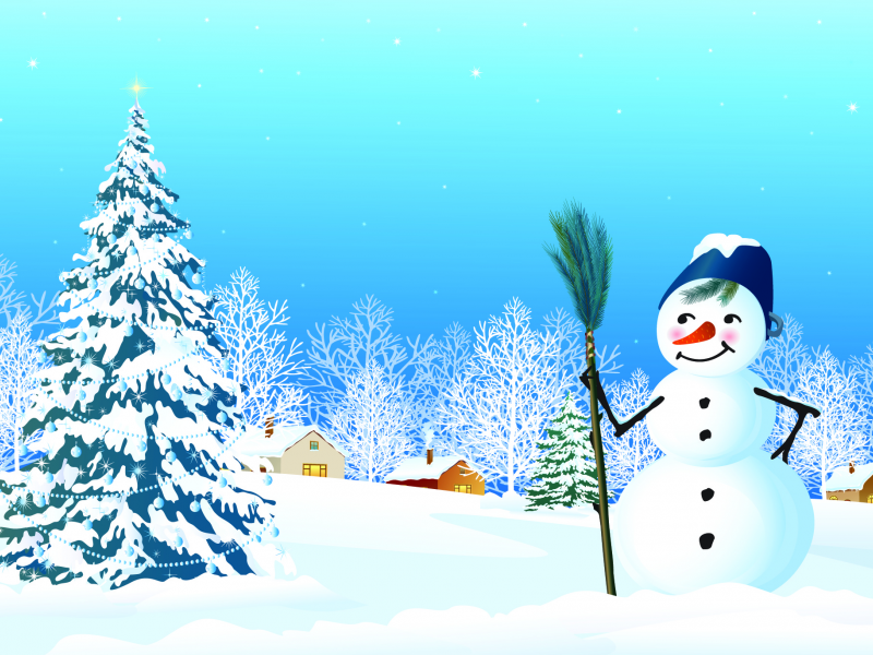 Снеговик, домики, ёлочные украшения, ёлка, снег, окна