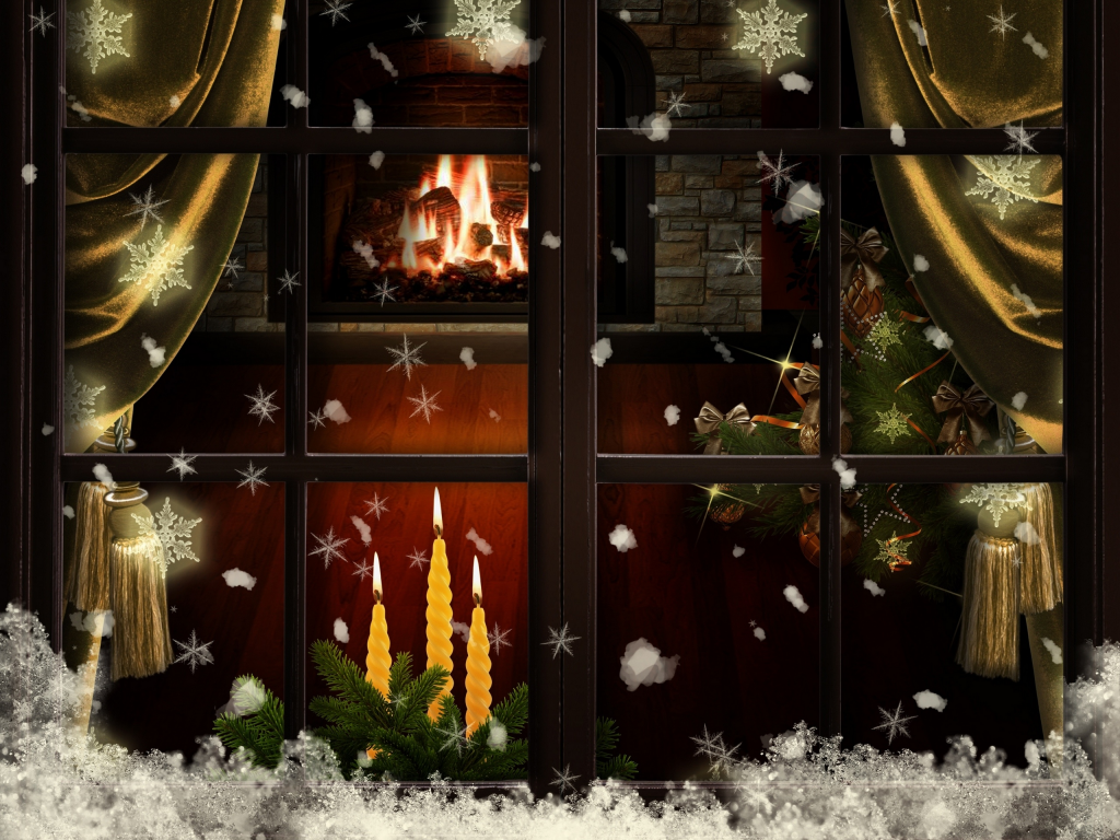 снежинки, елка, Новый год, окно, снег, свечи, рождество