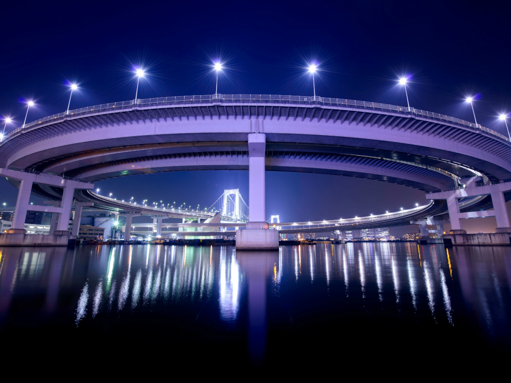 Япония, огни, столица, мост, токио, подсветка, ночь