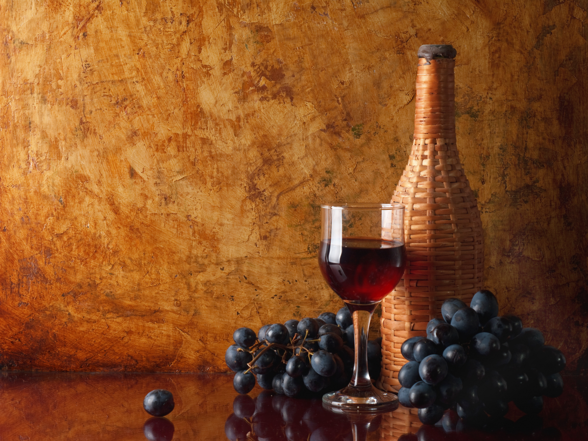 вино, грозди, бутылка, отражение, красное, бокал, Стол