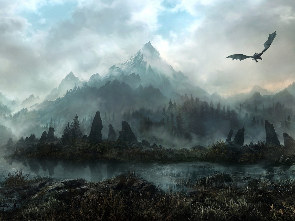 land of skyrim, лес, туман, дракон, арт, jonasdero, камни, Горы