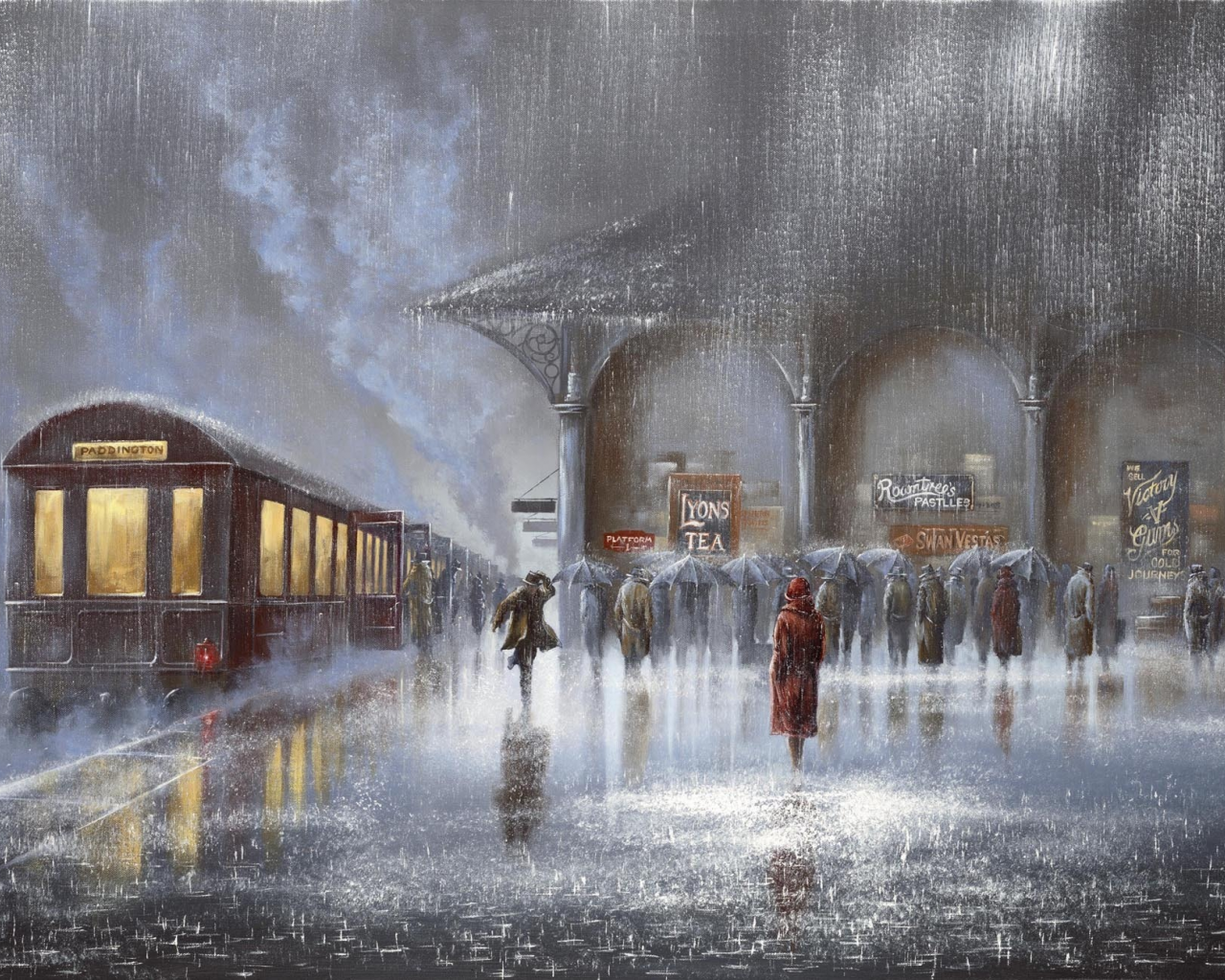 Картина, дождь, вокзал, jeff rowland, двое, встреча, ливень