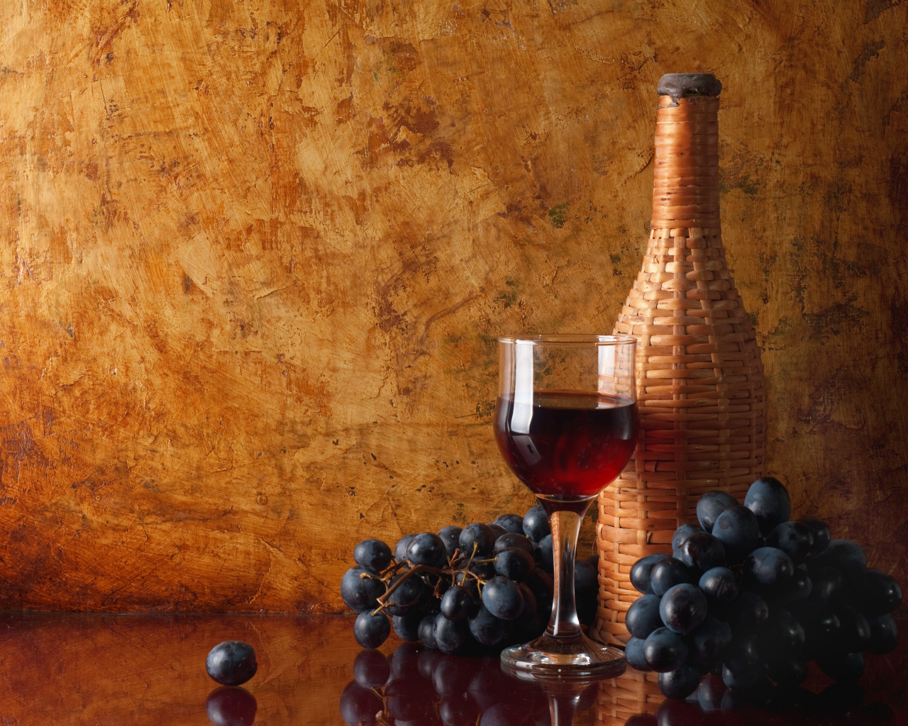 вино, грозди, бутылка, отражение, красное, бокал, Стол