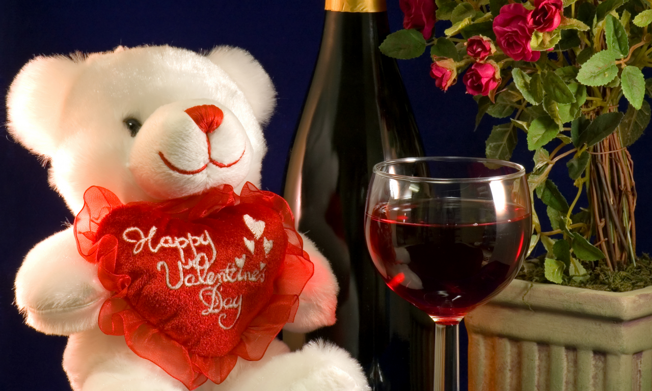 мишка, вино, сердечко, бокал, День свявтого валентина