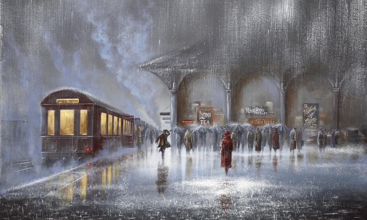 Картина, дождь, вокзал, jeff rowland, двое, встреча, ливень