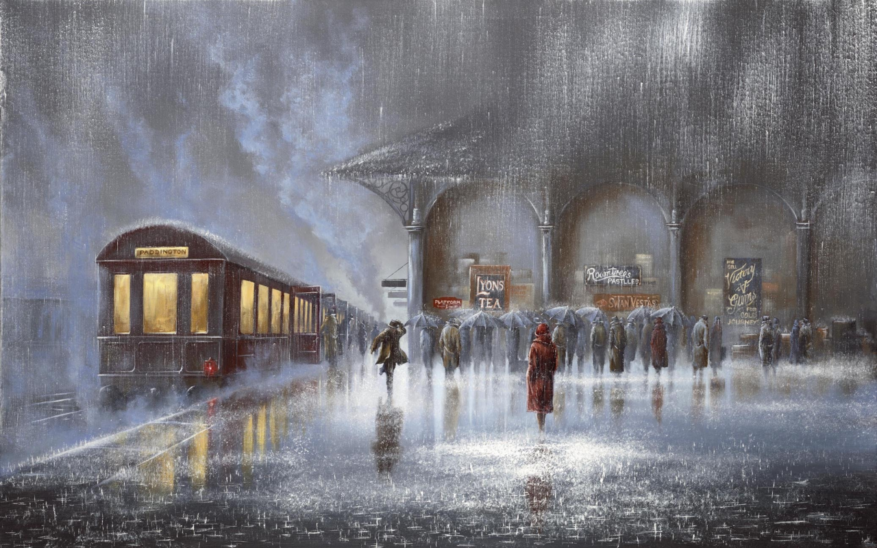 Картина, дождь, вокзал, jeff rowland, двое, встреча, ливень