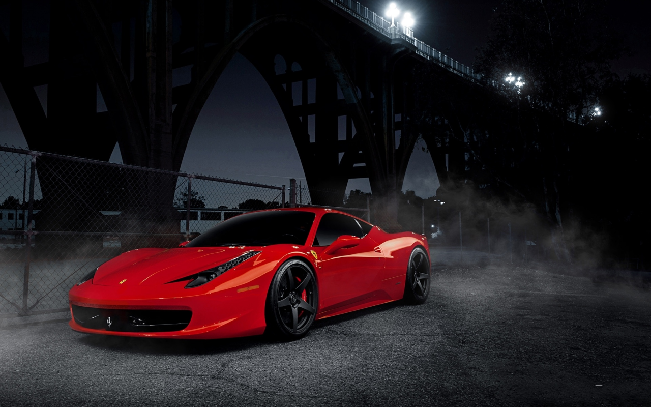 458 italia, black, bridge, феррари, night, red, италия, wheels, Ferrari