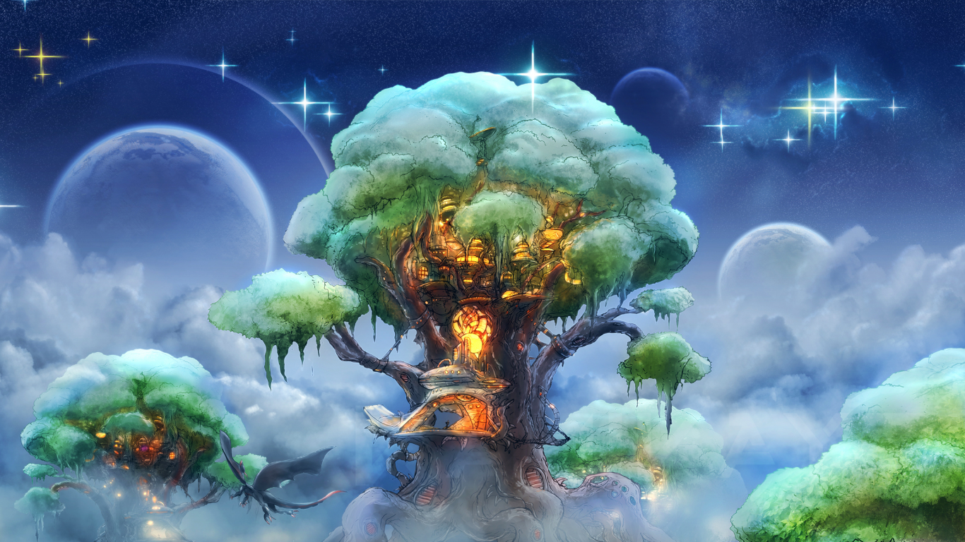 dragon, stars, sky, kamikaye, house, elven forest, Zephyr tree, style, art, фэнтези, fantasy