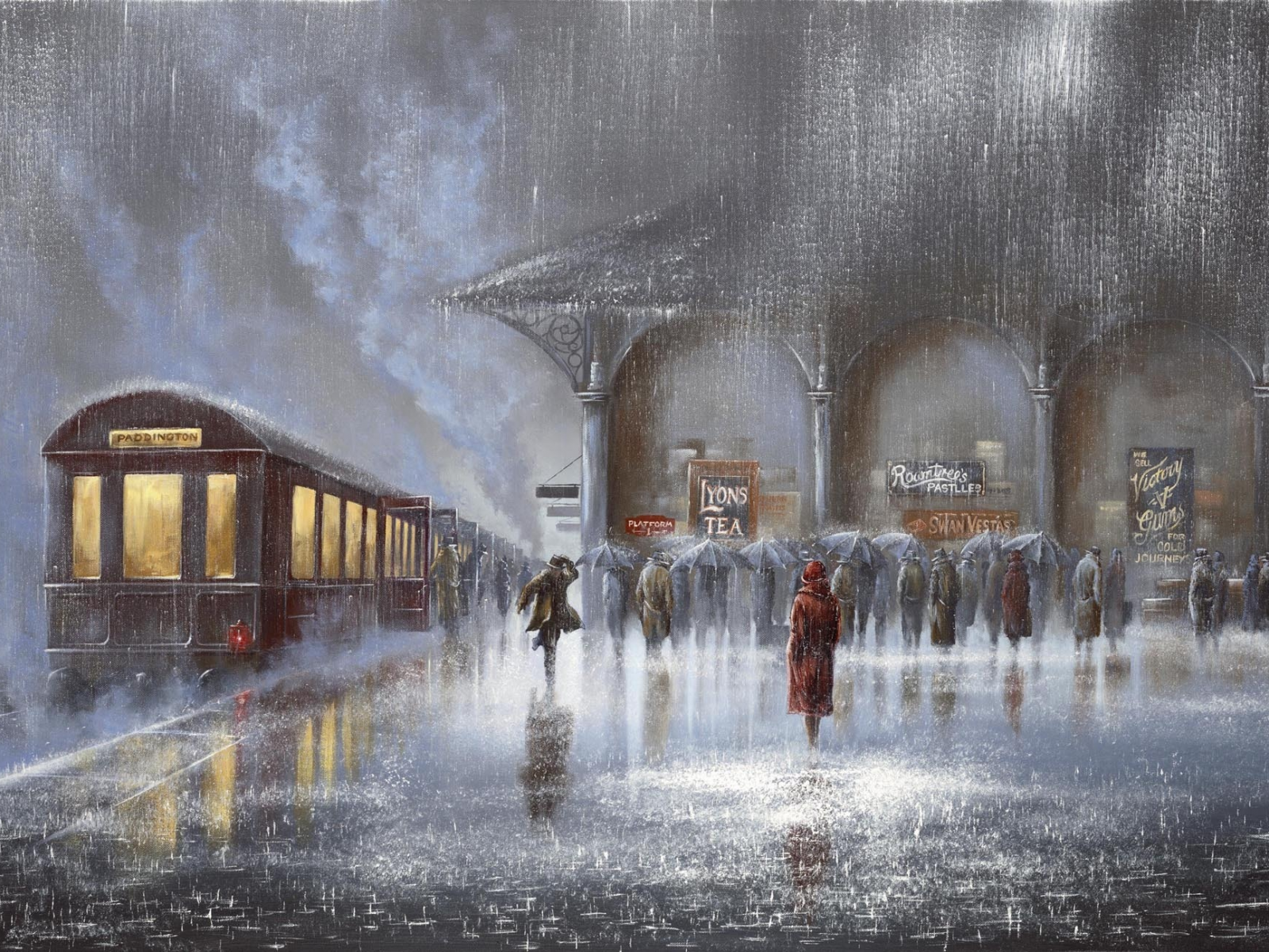 Картина, дождь, вокзал, jeff rowland, двое, встреча, ливень