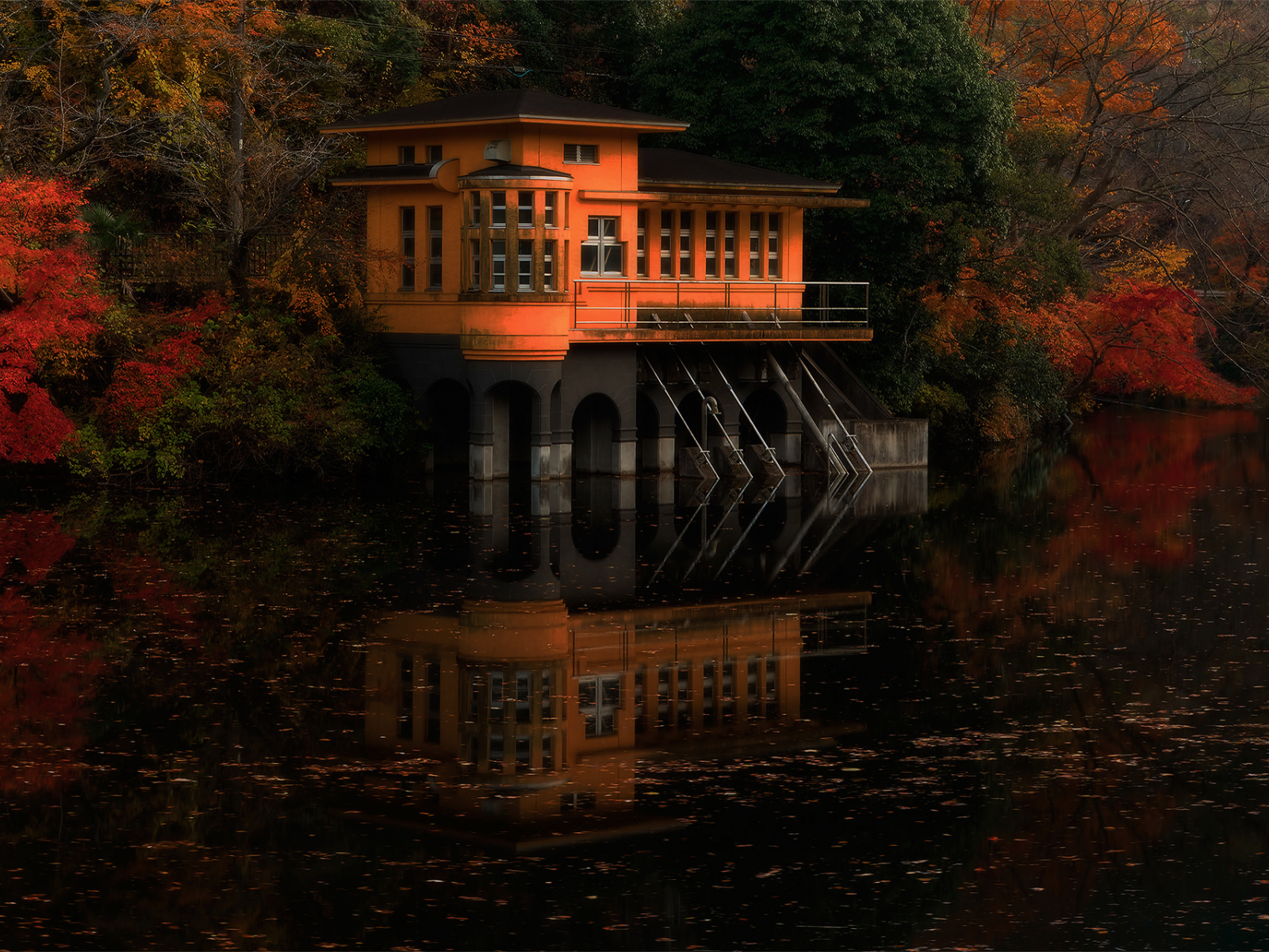 япония, дом на воде, краски, осень, река, Природа, лес