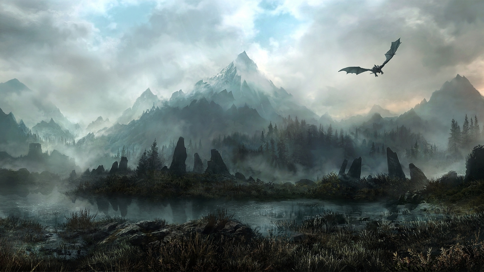 land of skyrim, лес, туман, дракон, арт, jonasdero, камни, Горы