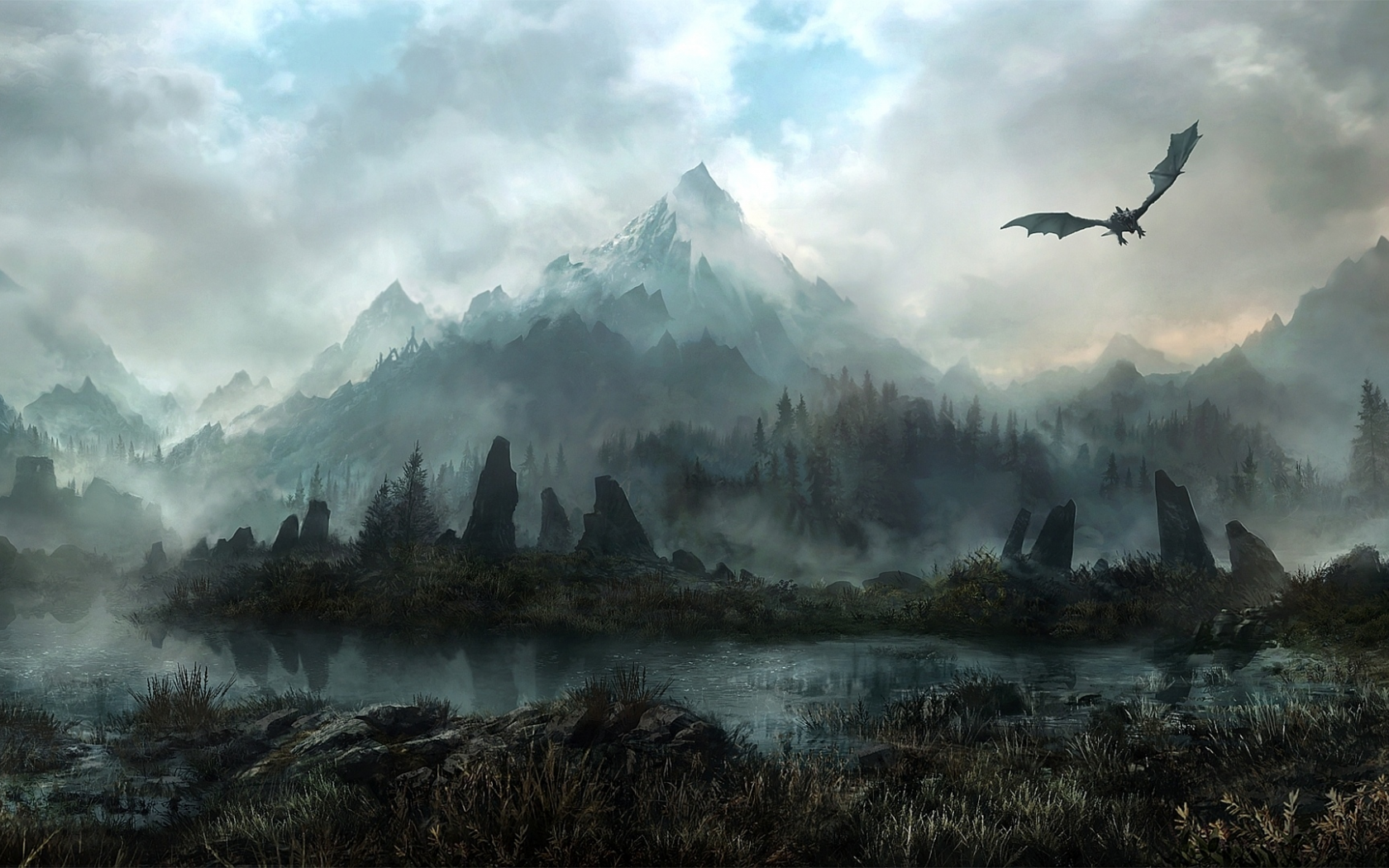 land of skyrim, лес, туман, дракон, арт, jonasdero, камни, Горы