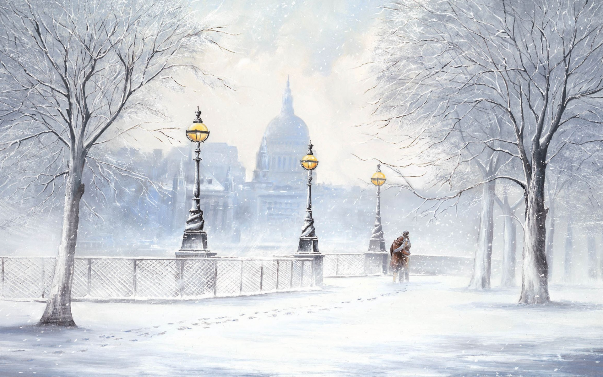 снегопад, jeff rowland, улица, Картина, бульвар, зима, снег