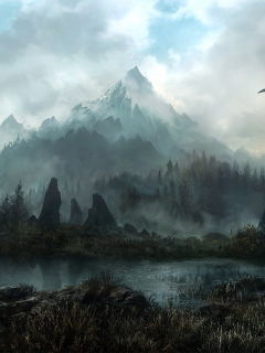 land of skyrim, лес, туман, дракон, арт, jonasdero, камни, Горы