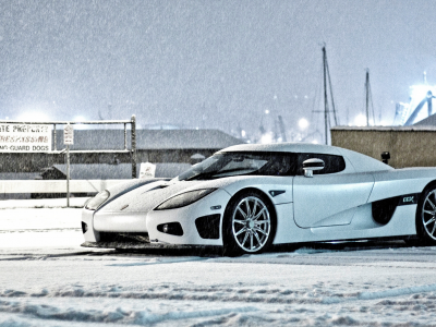 white, Koenigsegg, кёнинсегг, белый, ccx, зима, вид сбоку, snow, winter