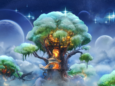 dragon, stars, sky, kamikaye, house, elven forest, Zephyr tree, style, art, фэнтези, fantasy