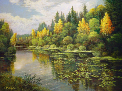 Mark kalpin, начало осени, landscape, смешанный лес, живопись