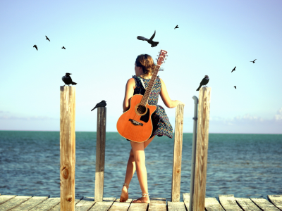 гитара, Девушка, птицы, море, настроение