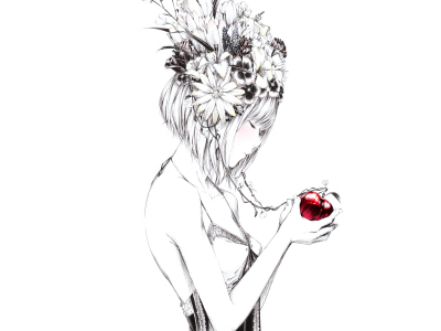 яблоко, рисунок, sawasawa, арт, Девушка, цветы