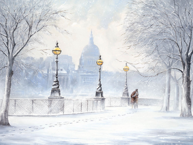 снегопад, jeff rowland, улица, Картина, бульвар, зима, снег