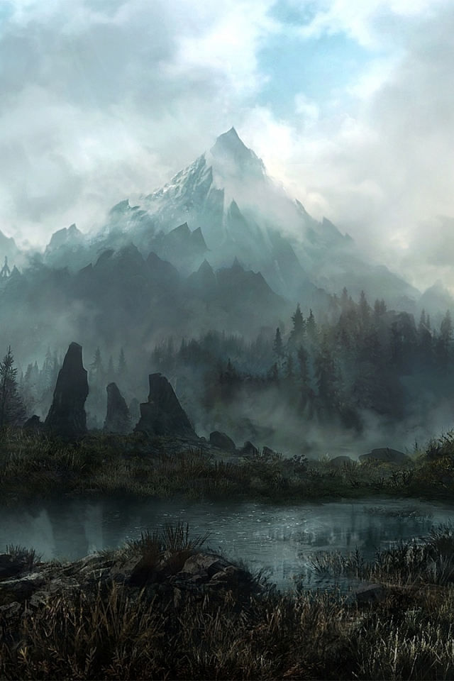 land of skyrim, лес, туман, дракон, арт, jonasdero, камни, Горы