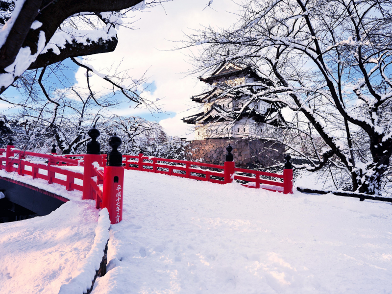 снег, Япония, хиросаки, город, префектура аомори, зима