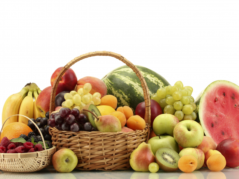 Корзина, фрукты, персики, арбуз, яблоки, виноград