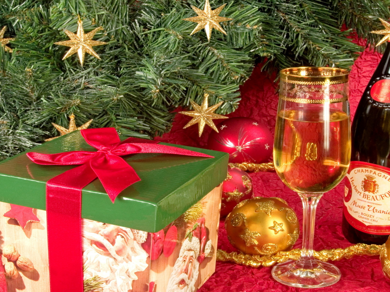 бокал, елка, new year, шампанское, подарок, Новый год