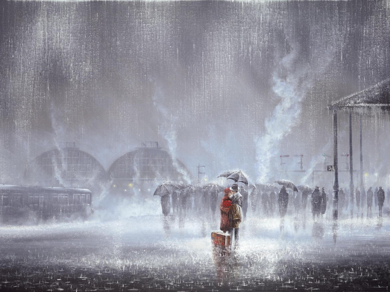 дождь, любовь, Картина, двое, jeff rowland, вокзал, встреча