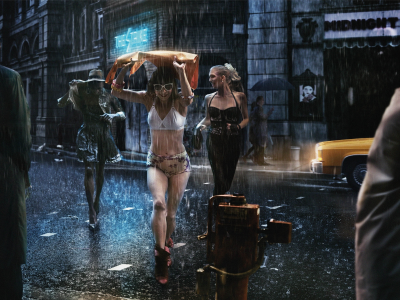 дождь, Девушки, улица, радость, зонты, плащи, мужчины