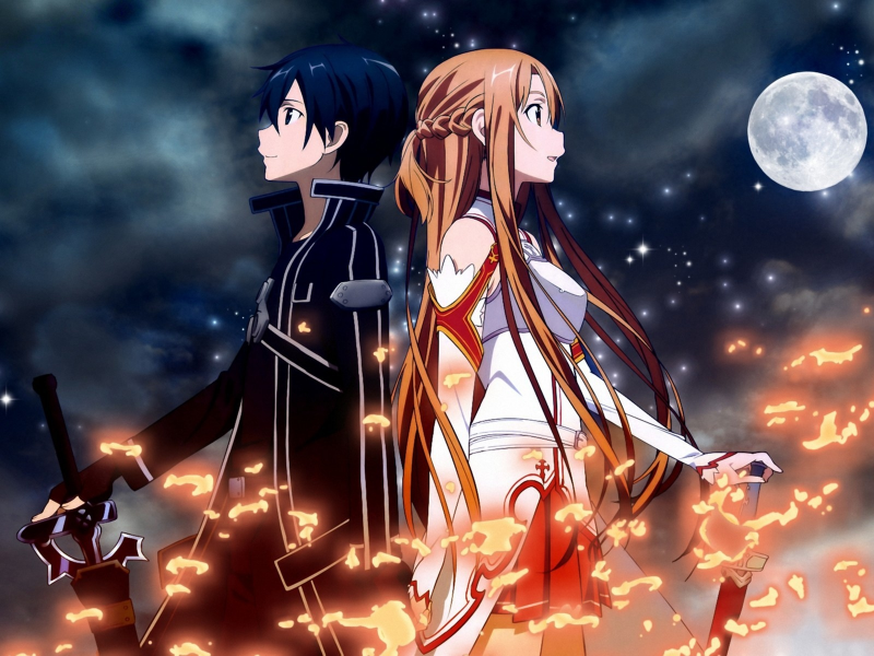 kirito, парень, ночь, девушка, оружие, sword art online, меч, Asuna